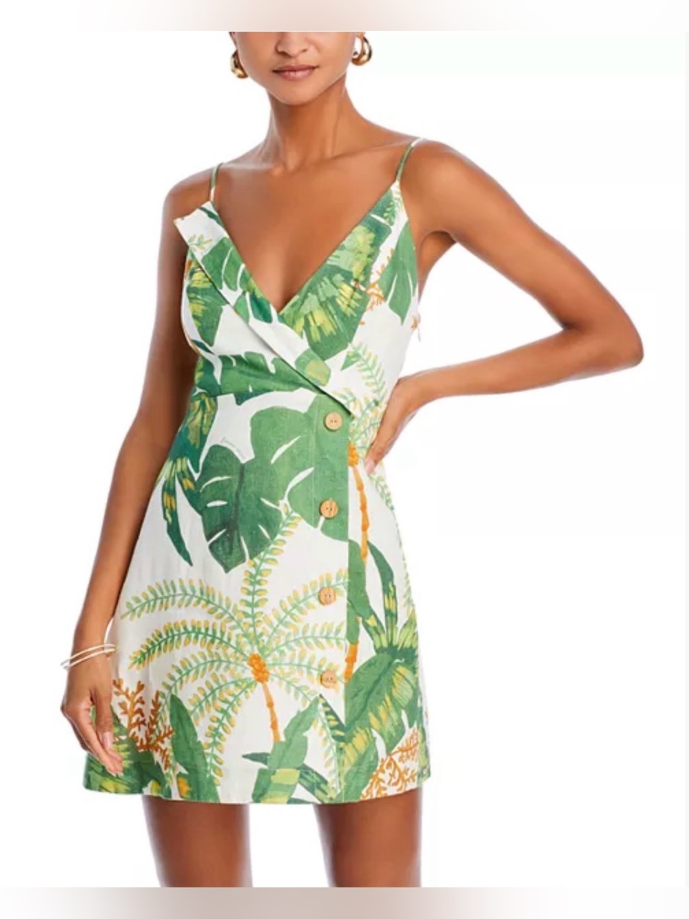 FARM Rio Green and White Tropical Palm Print linen faux Wrap Mini Dress
